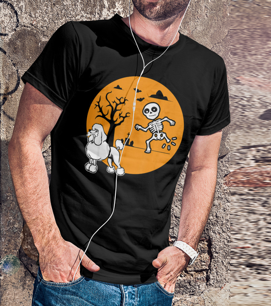 Funny Poodle Skeleton Bone Halloween Cos Graveyard Moon Scene T-Shirt