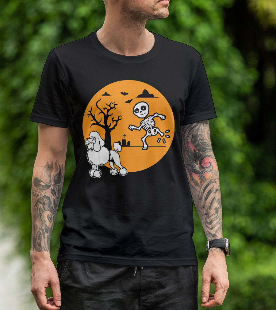 Funny Poodle Skeleton Bone Halloween Cos Graveyard Moon Scene T-Shirt