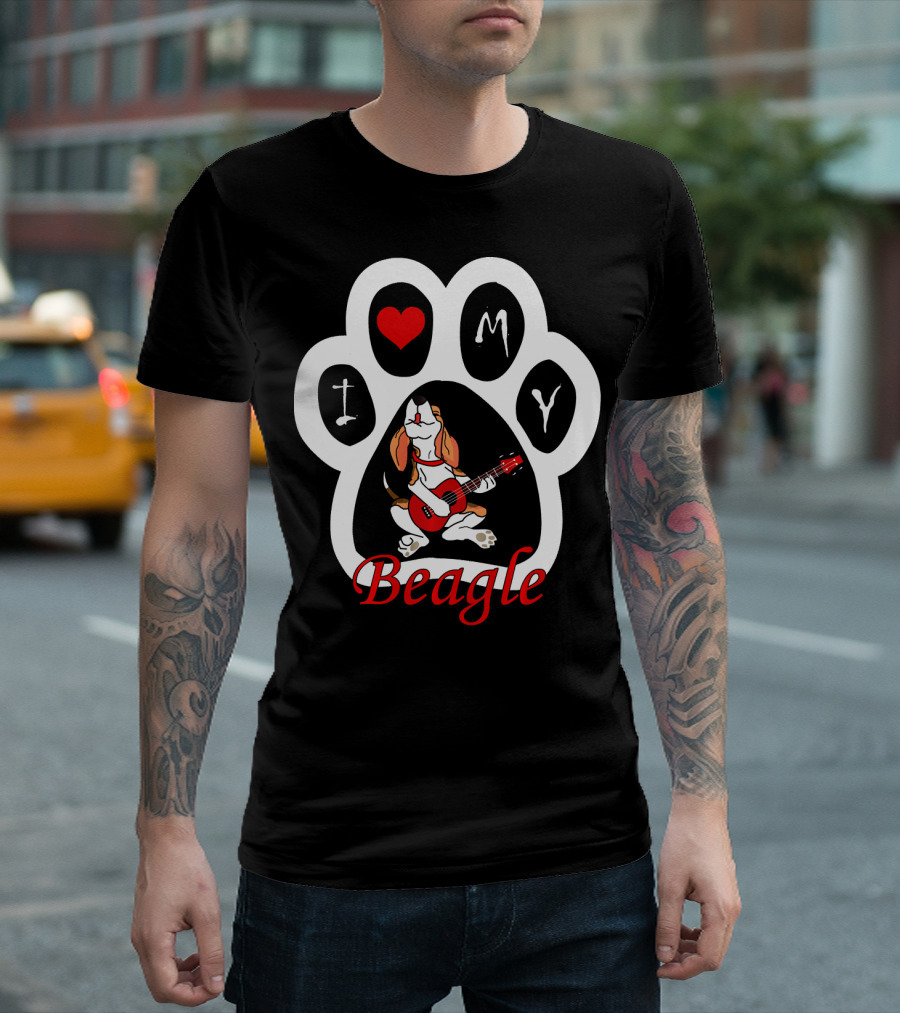 I Love My Beagle Dog Thanksgiving Paw Print Heart Guitar T-Shirt