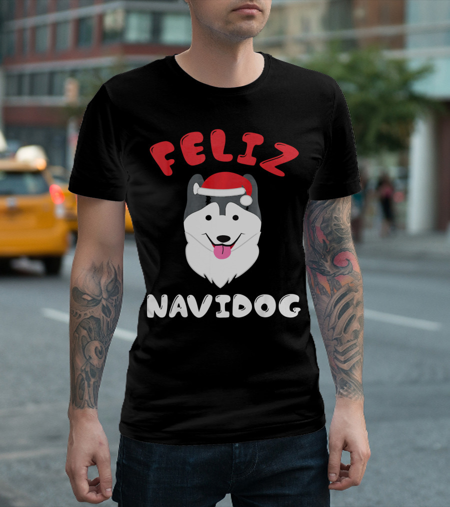 Feliz Navidog Husky Dog with Santa Hat T-Shirt