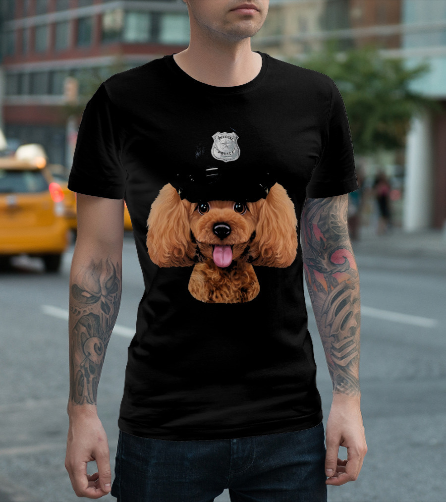 Playful Poodle Dog in K9 Police Officer Hat with Badge T-Shirt