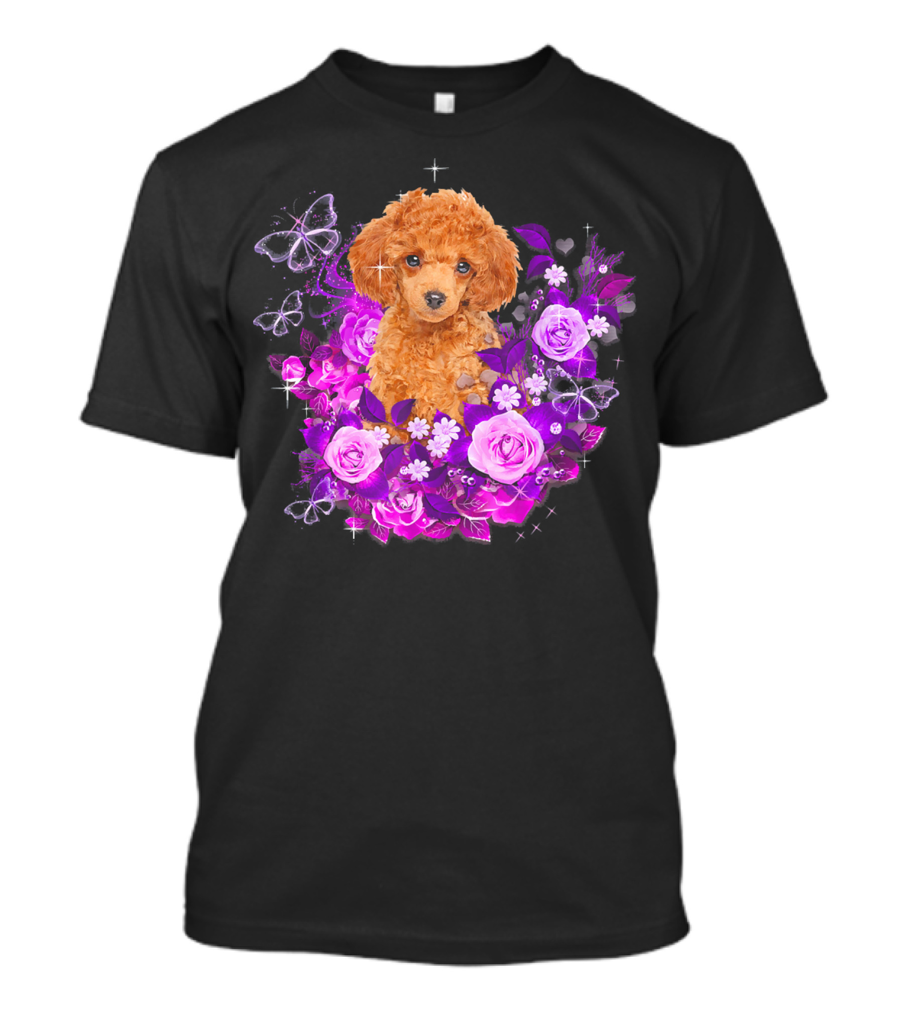Poodle Dog With Purple Rose Flower And Butterfly Floral Background T-Shirt