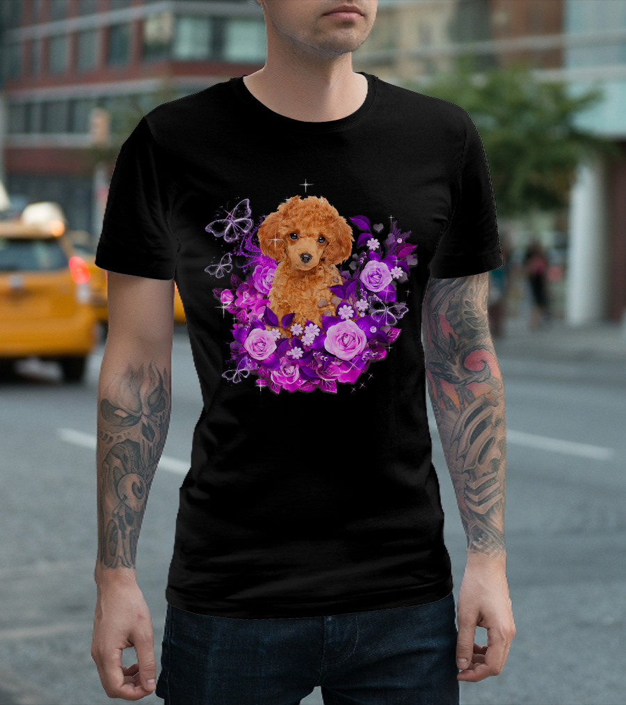 Poodle Dog With Purple Rose Flower And Butterfly Floral Background T-Shirt