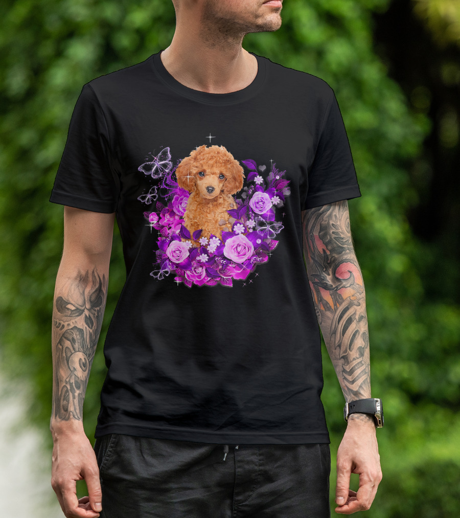 Poodle Dog With Purple Rose Flower And Butterfly Floral Background T-Shirt