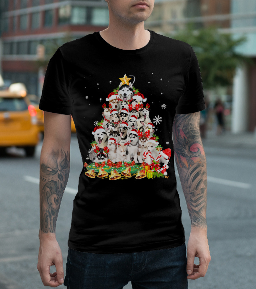 Siberian Husky Christmas Tree with Santa Hats and Bell Decorations T-Shirt