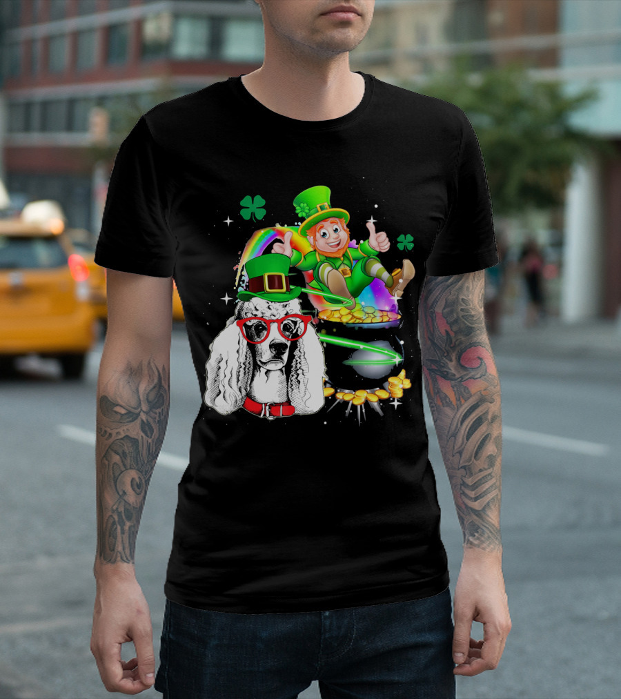 Leprechaun Poodle St Patricks Rainbow Gold Shamrocks T-Shirt
