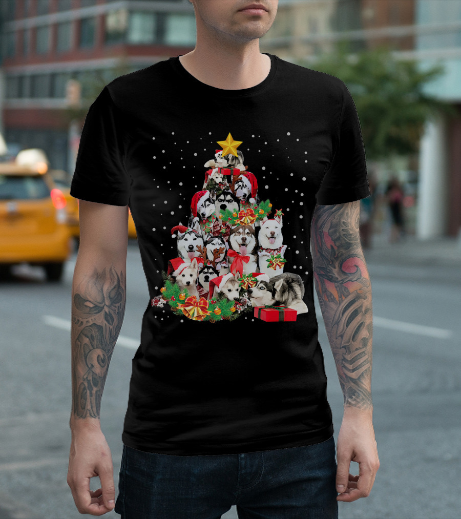 Siberian Husky Santa Hats Christmas Tree Festive Decoration T-Shirt