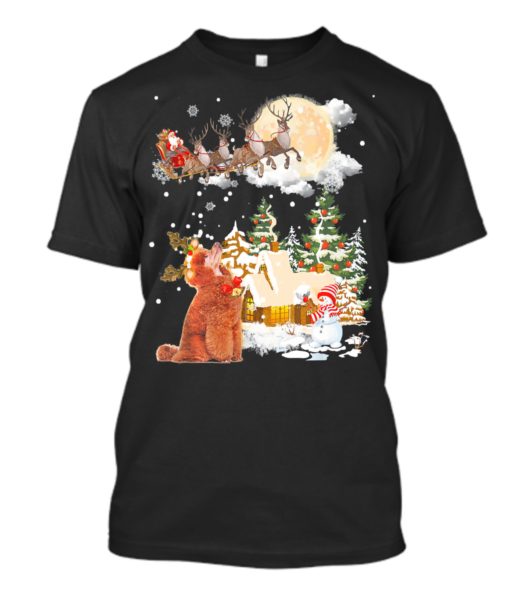Poodle Watching Santa's Sleigh Over Christmas Village T-Shirt