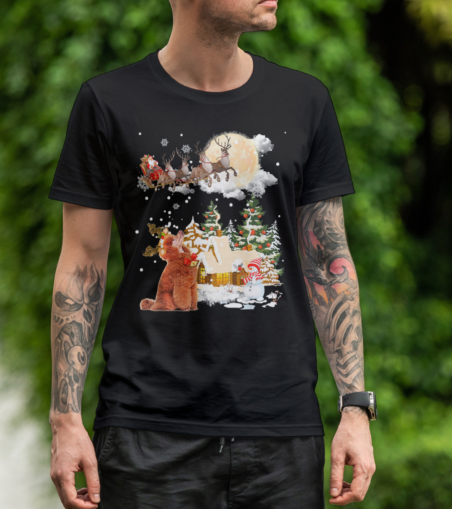 Poodle Watching Santa's Sleigh Over Christmas Village T-Shirt