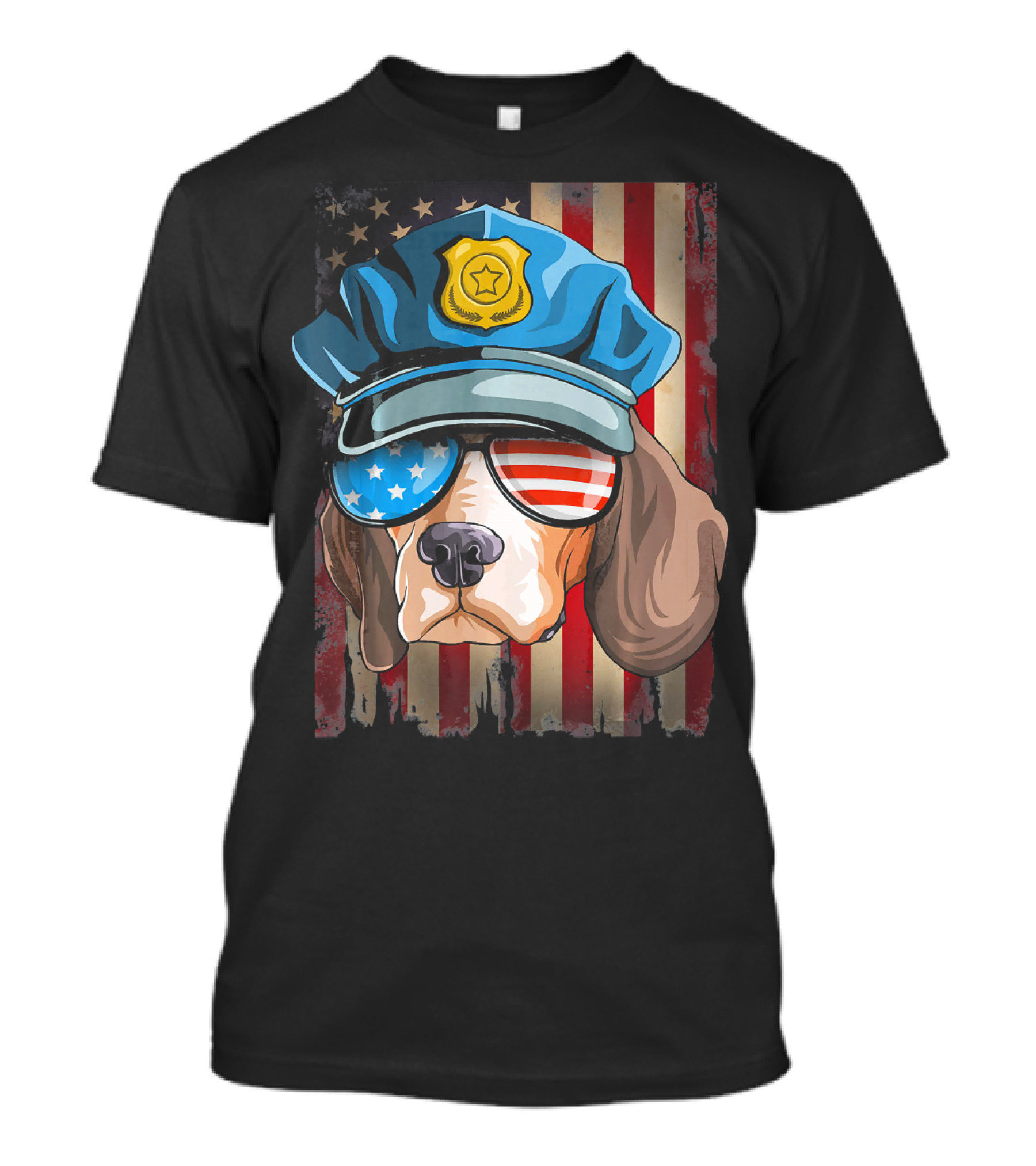 Police Beagle American Flag Sunglasses 4th Of July T-Shirt