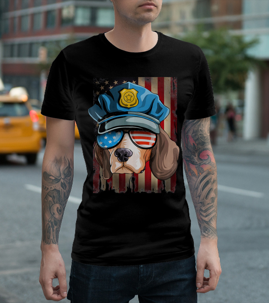 Police Beagle American Flag Sunglasses 4th Of July T-Shirt