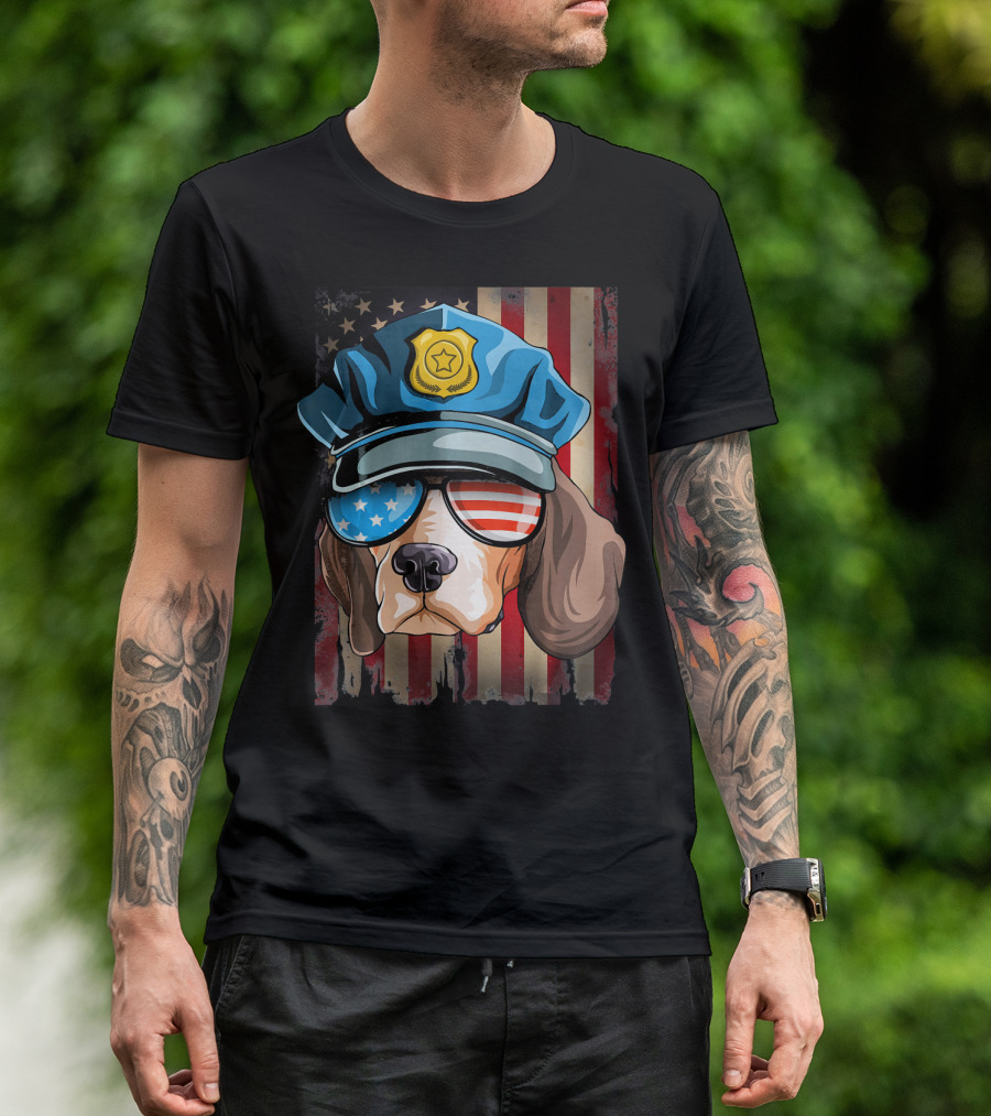 Police Beagle American Flag Sunglasses 4th Of July T-Shirt
