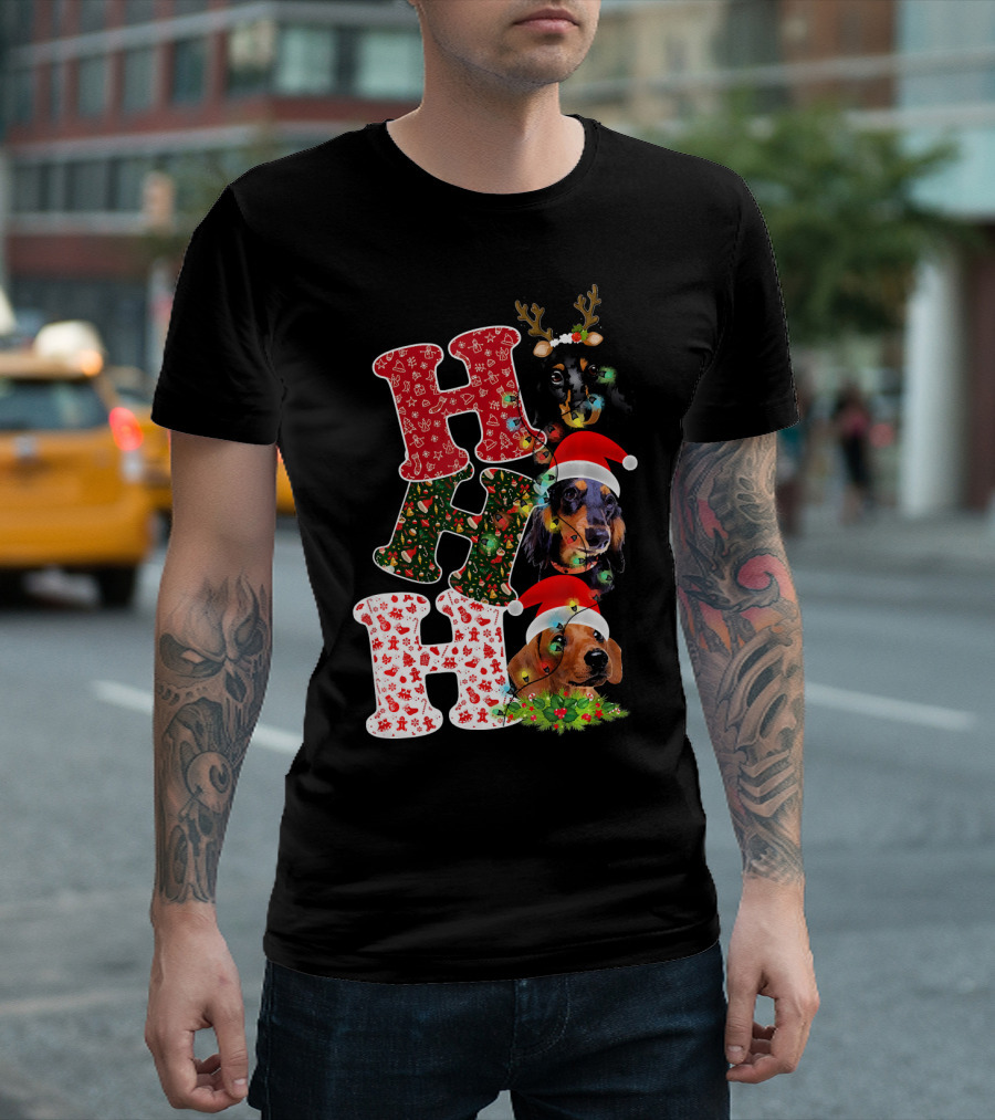 Santa Ho Ho Ho Dachshund Dog Christmas Reindeer Lights T-Shirt