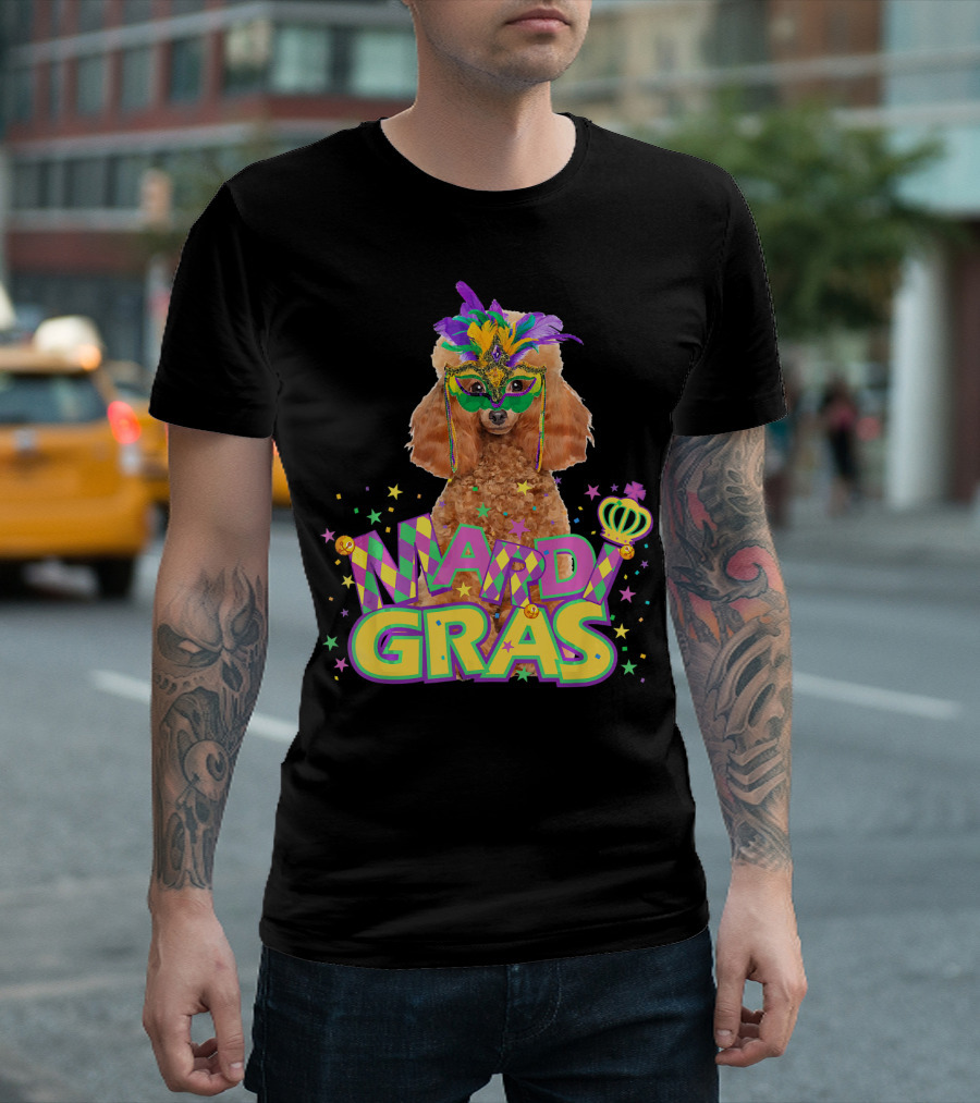 Poodle with Feathered Mask and Beads Mardi Gras T-Shirt