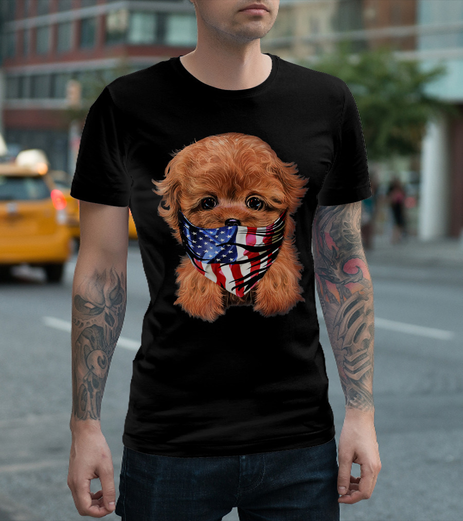 Patriot USA Red Poodle Puppy With American Flag Mask T-Shirt