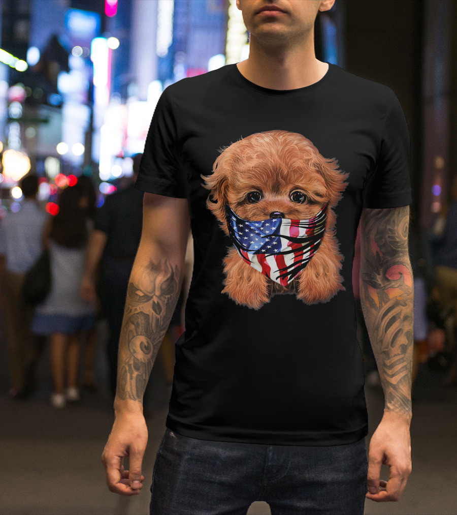 Patriot USA Red Poodle Puppy With American Flag Mask T-Shirt