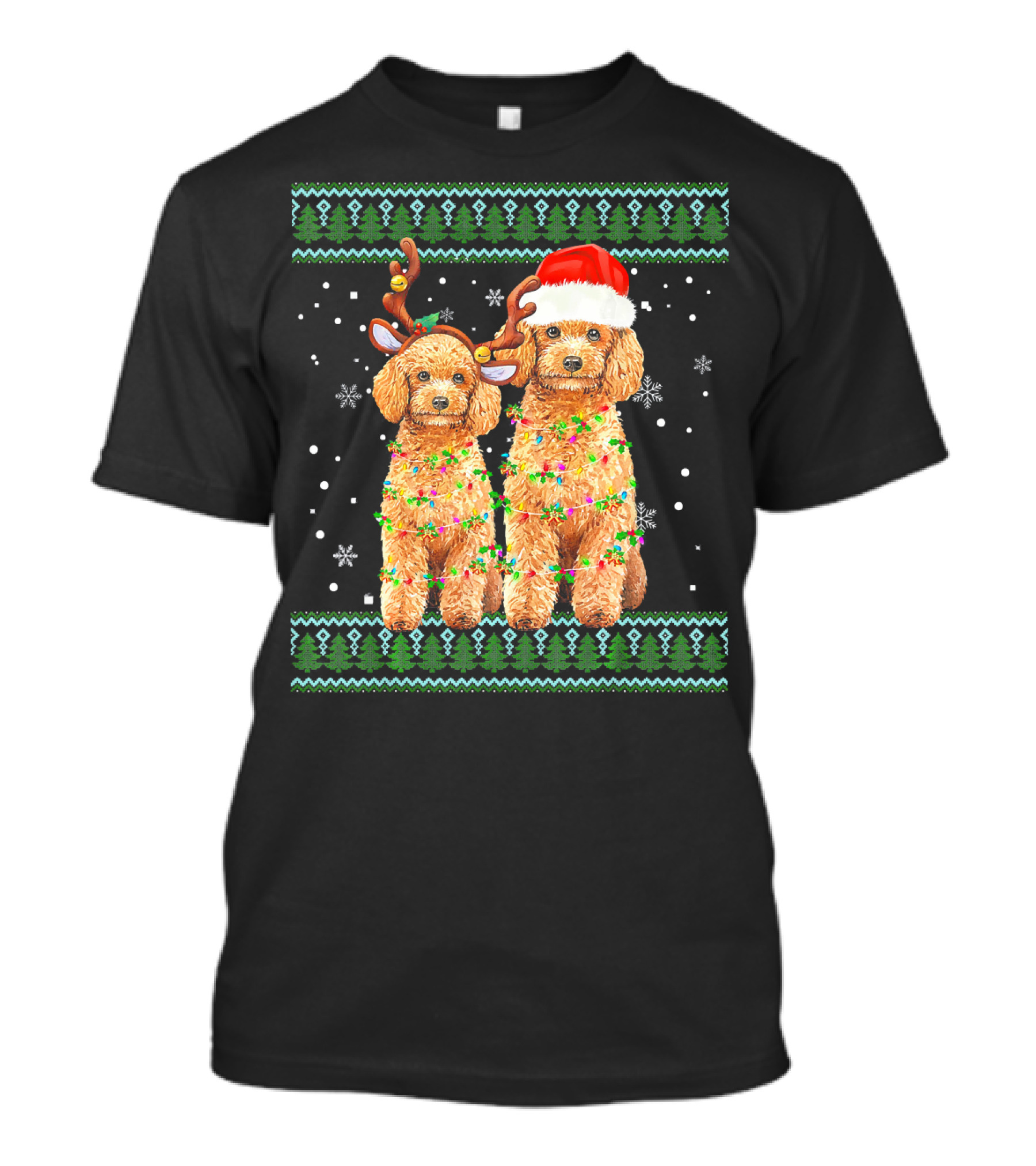 Poodle Christmas Antlers Santa Hat Reindeer Lights T-Shirt