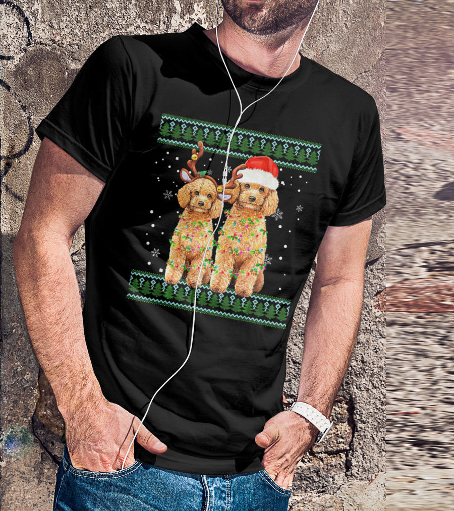 Poodle Christmas Antlers Santa Hat Reindeer Lights T-Shirt