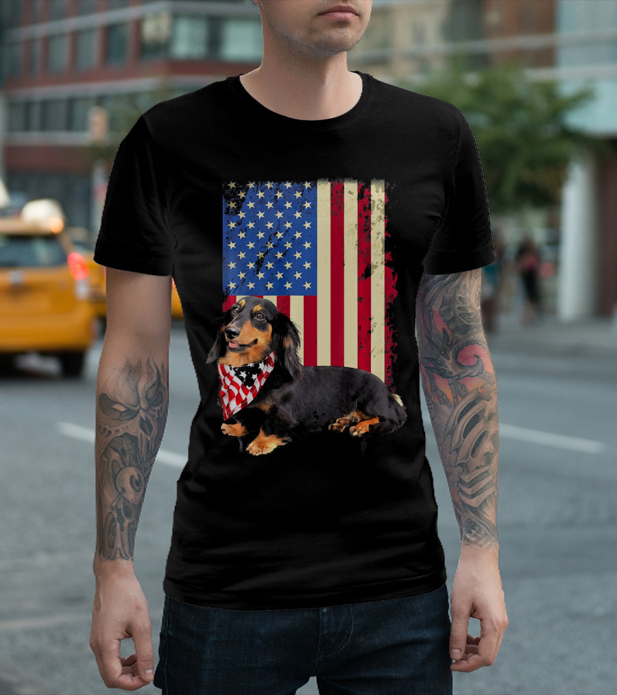 Dachshund With American Flag And Bandana T-Shirt