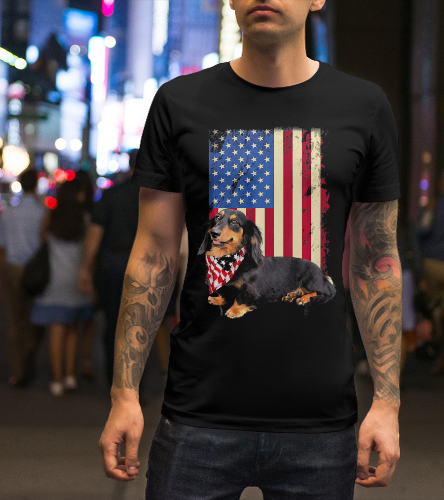 Dachshund With American Flag And Bandana T-Shirt