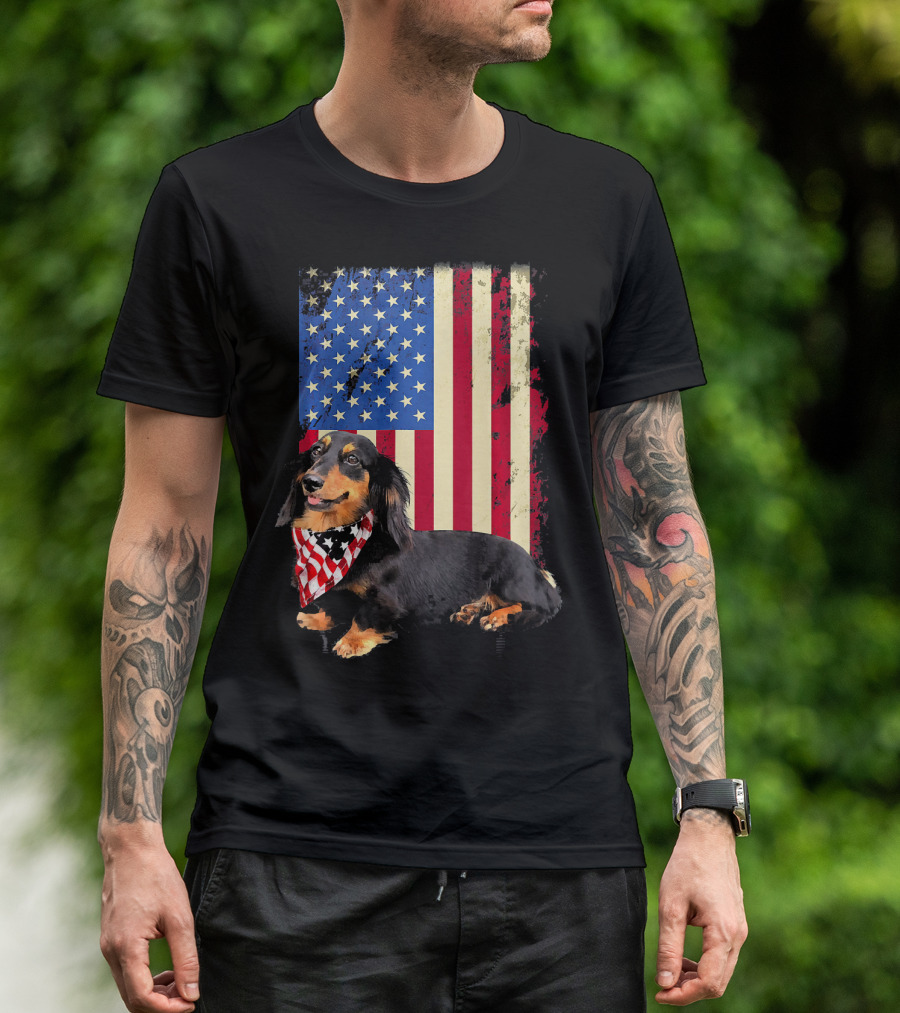 Dachshund With American Flag And Bandana T-Shirt