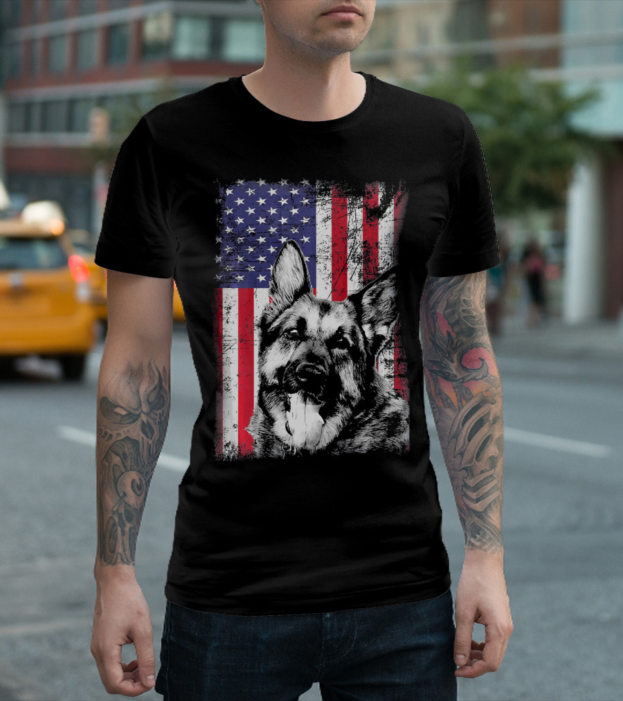 Patriotic Vintage German Shepherd American Flag Background USA Dog Lovers T-Shirt