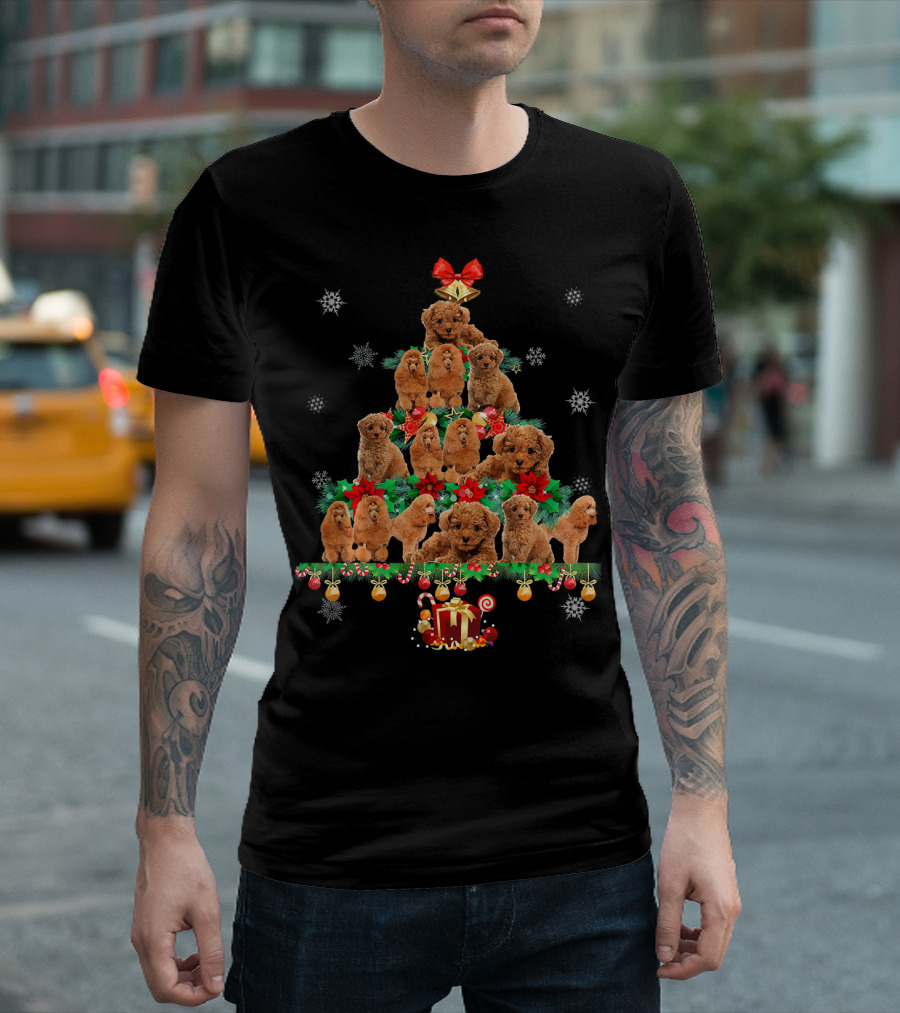 Merry Dogmas Poodle Dog Christmas Tree with Snowflakes and Festive Decor T-Shirt