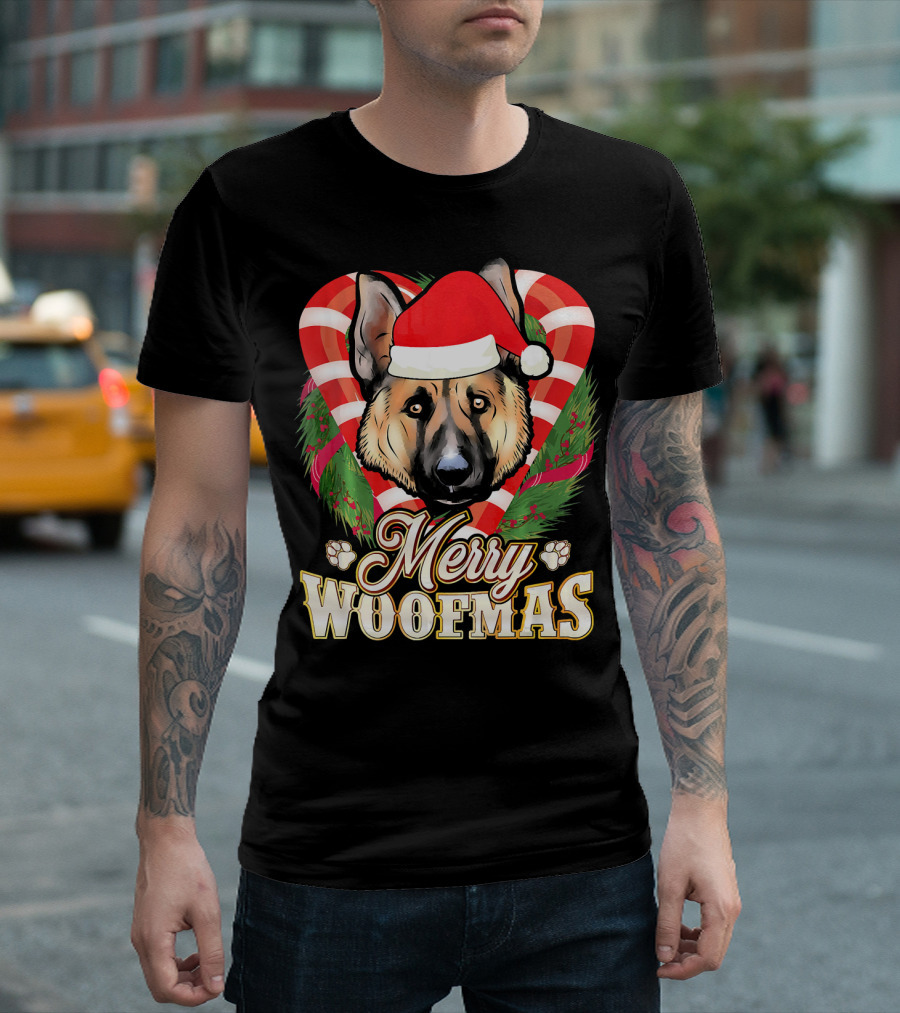 Merry Woofmas German Shepherd Santa Hat Candy Cane Garland T-Shirt