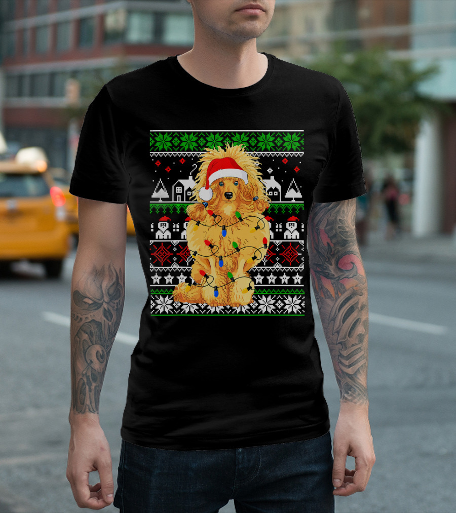 Poodle Christmas Lights Dog Matching Fam Santa Hat Festive T-Shirt