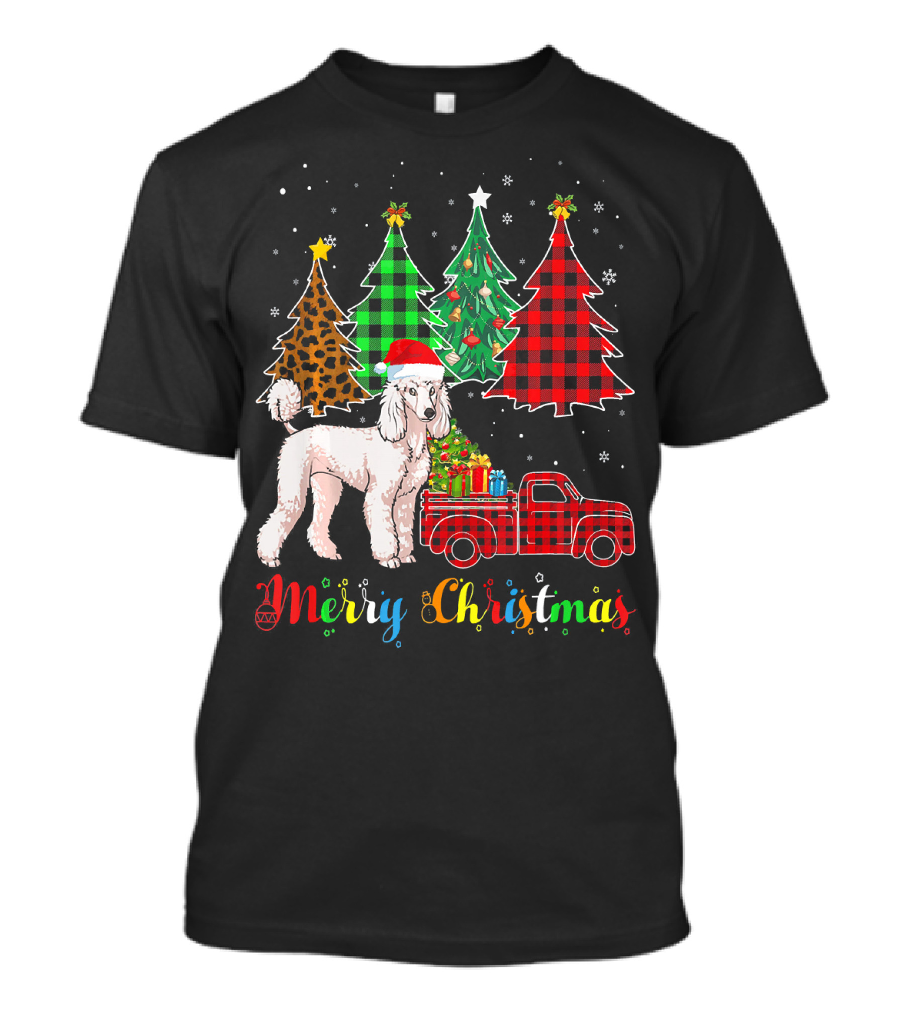 Merry Christmas Poodle Red Plaid Truck Christmas Trees T-Shirt