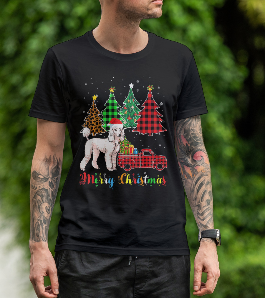 Merry Christmas Poodle Red Plaid Truck Christmas Trees T-Shirt