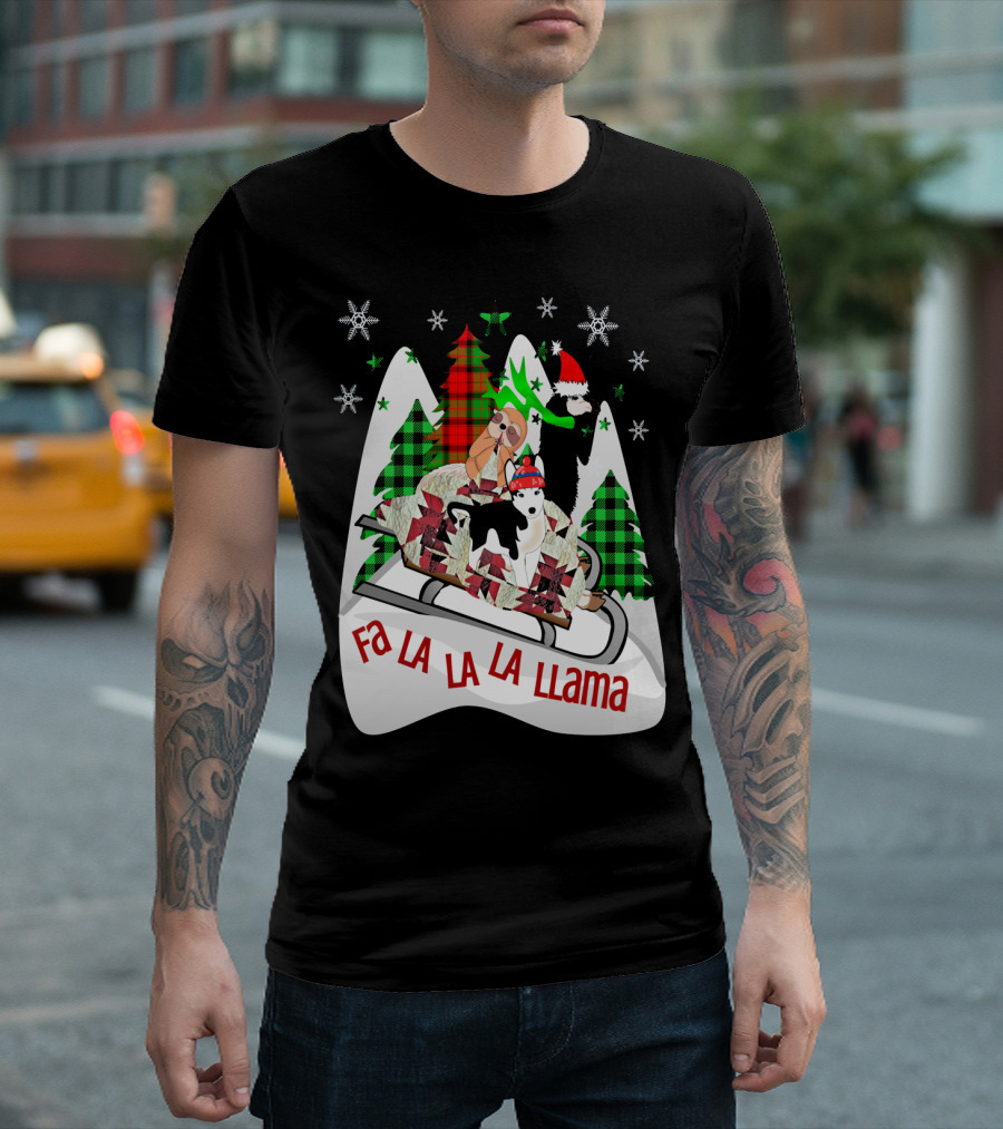 Fa La La La Llama Christmas Sledding With Santa Hats T-Shirt