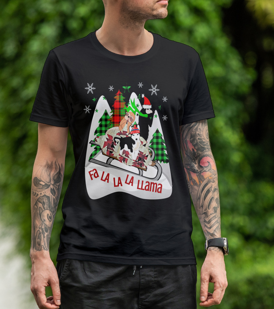 Fa La La La Llama Christmas Sledding With Santa Hats T-Shirt