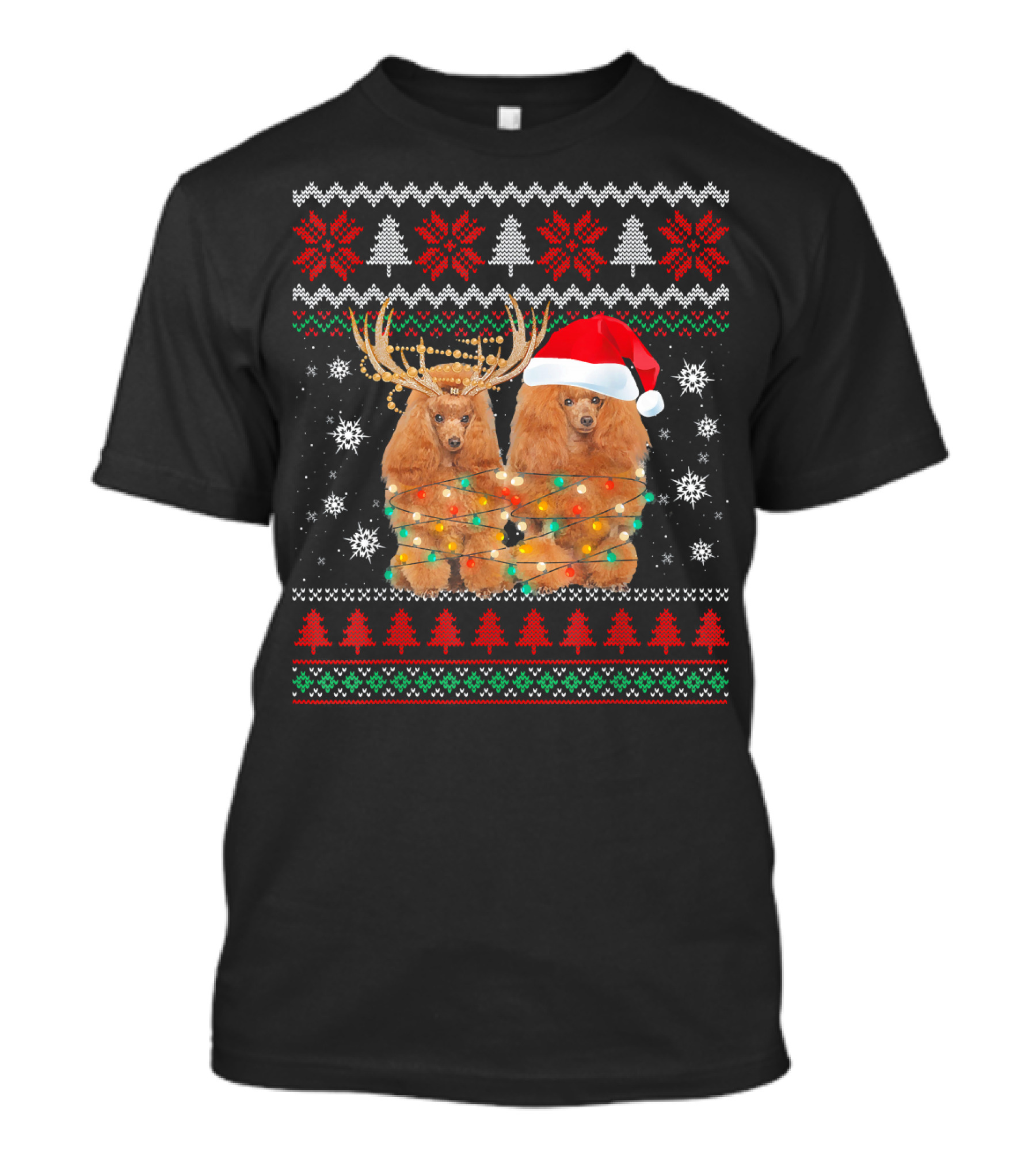 Poodle Dog Ugly Christmas Puppy Xmas Paj Holiday Lights Reindeer Antlers Santa Hat T-Shirt