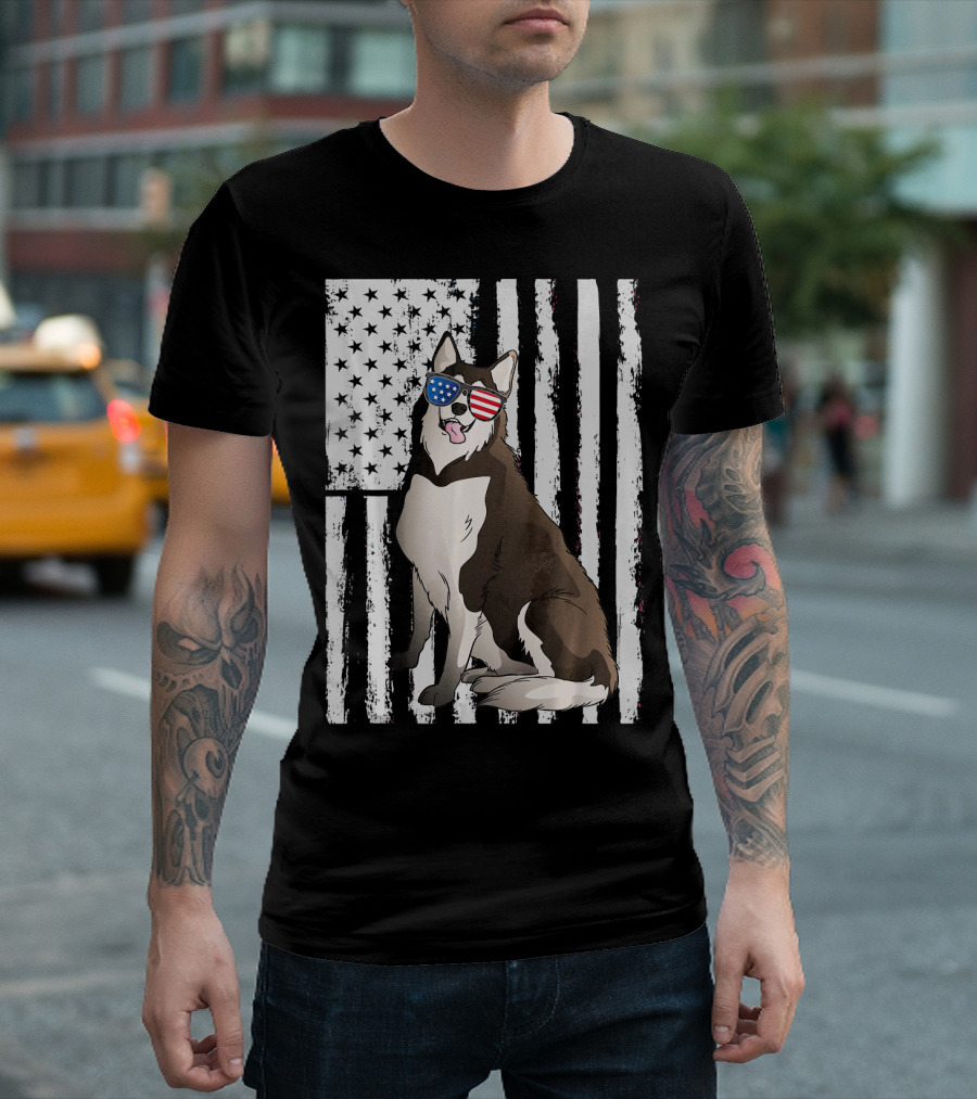 Patriotic Siberian Husky Dog with American Flag Glasses and Starry Stripes Background T-Shirt