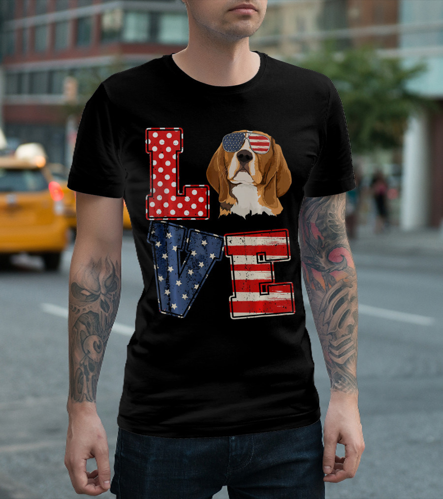 LOVE Beagle Face American Flag Sunglasses Patriotic T-Shirt