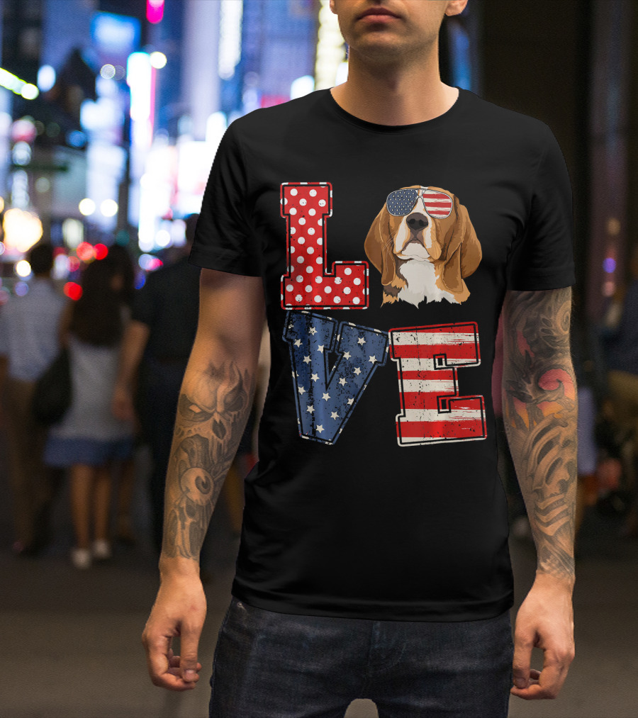 LOVE Beagle Face American Flag Sunglasses Patriotic T-Shirt