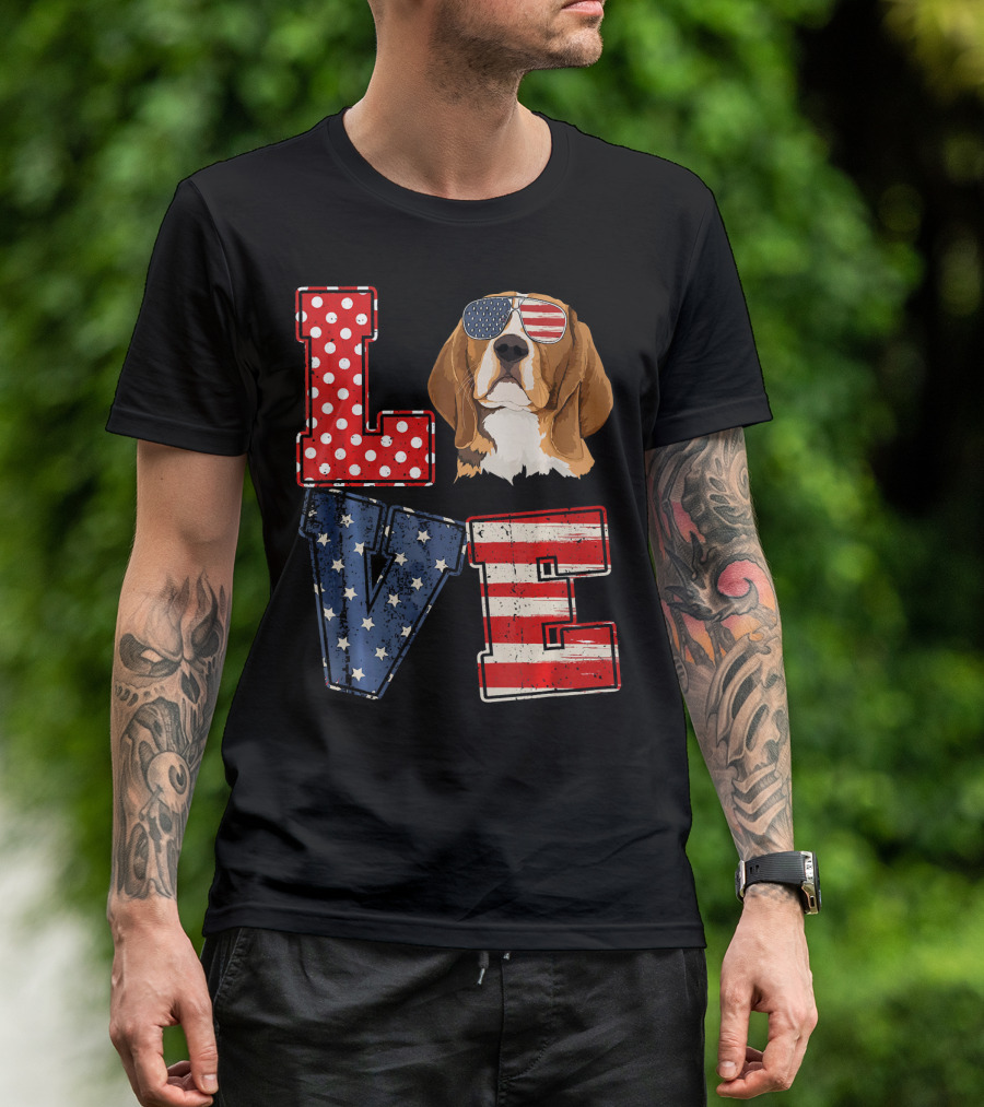 LOVE Beagle Face American Flag Sunglasses Patriotic T-Shirt