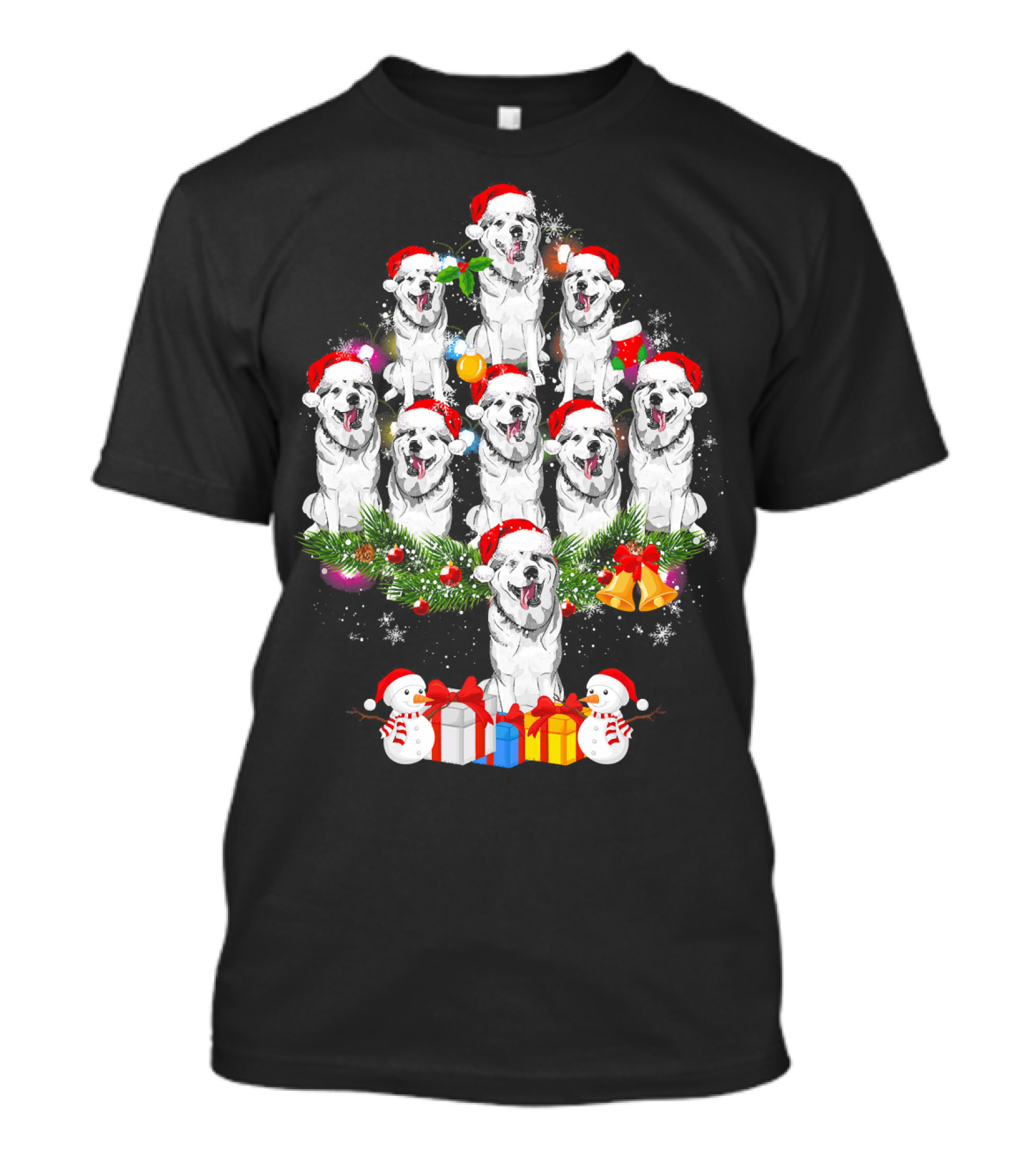 Siberian Husky Christmas Tree With Santa Hats And Snowmen T-Shirt