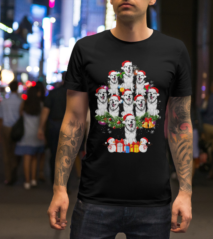 Siberian Husky Christmas Tree With Santa Hats And Snowmen T-Shirt