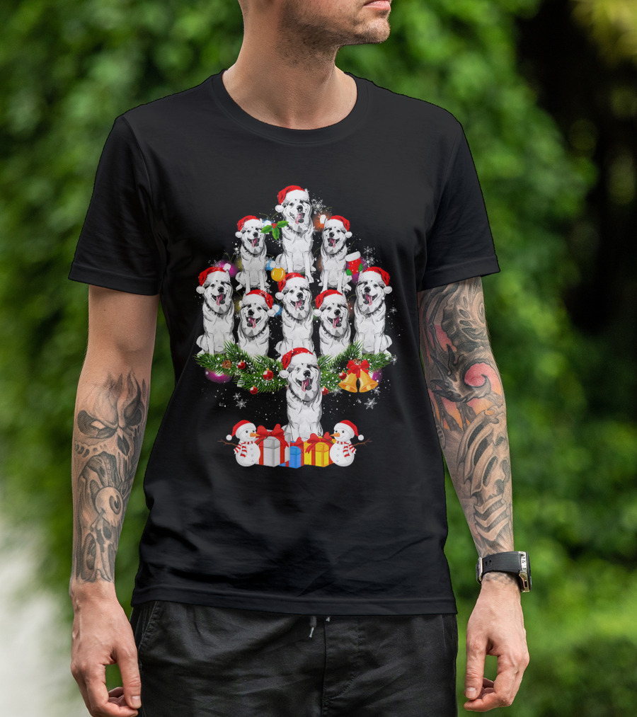 Siberian Husky Christmas Tree With Santa Hats And Snowmen T-Shirt