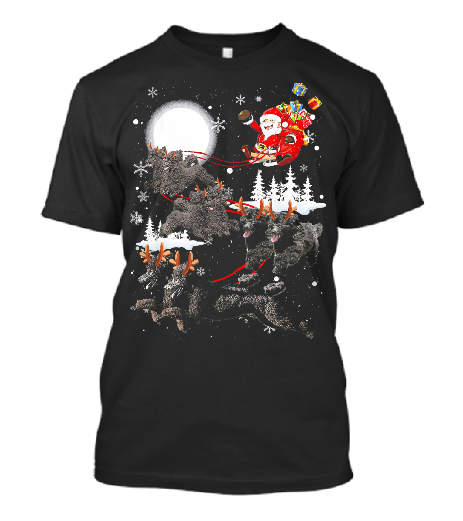 Poodle Reindeer Moon Santa Christmas Poo Holiday Scene With Gifts And Snowflakes T-Shirt