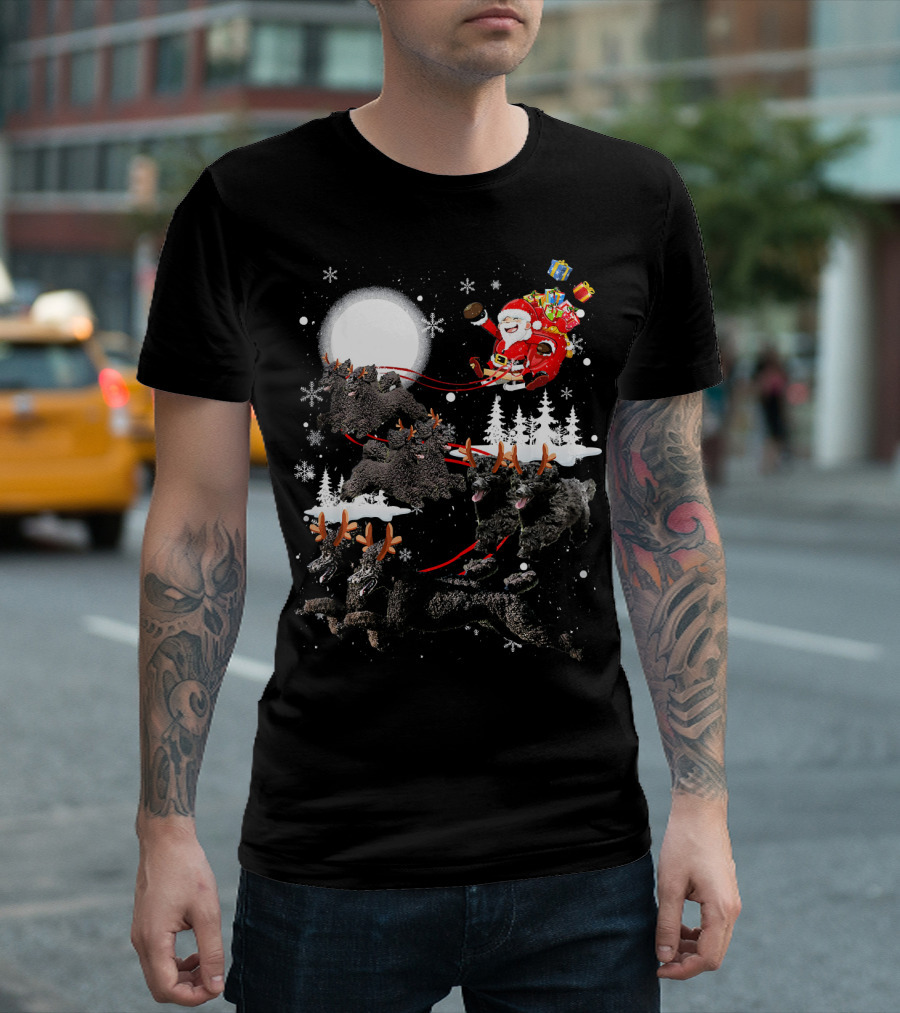 Poodle Reindeer Moon Santa Christmas Poo Holiday Scene With Gifts And Snowflakes T-Shirt