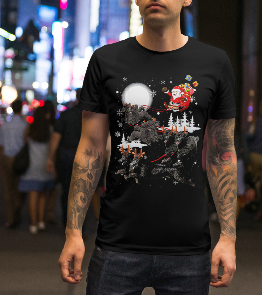 Poodle Reindeer Moon Santa Christmas Poo Holiday Scene With Gifts And Snowflakes T-Shirt