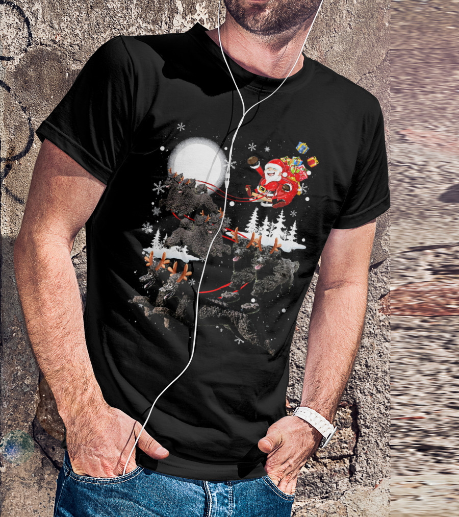 Poodle Reindeer Moon Santa Christmas Poo Holiday Scene With Gifts And Snowflakes T-Shirt
