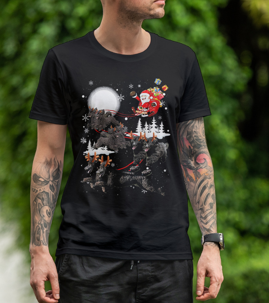 Poodle Reindeer Moon Santa Christmas Poo Holiday Scene With Gifts And Snowflakes T-Shirt