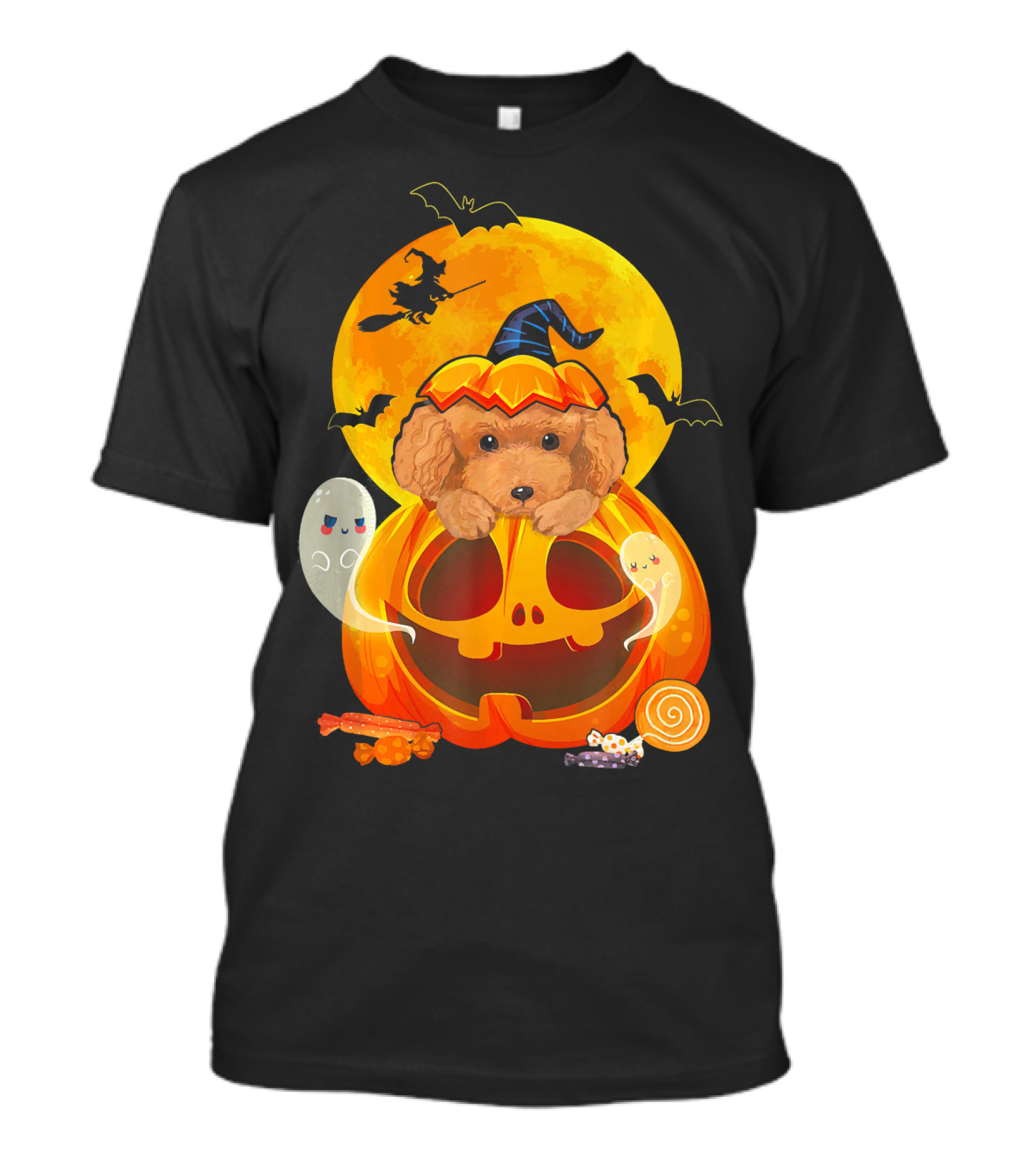 Poodle Witch Pumpkin Ghosts Halloween Candy Moon Bats T-Shirt