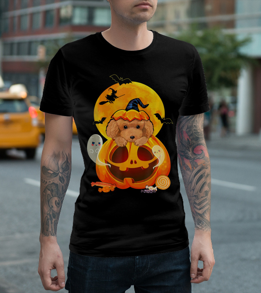 Poodle Witch Pumpkin Ghosts Halloween Candy Moon Bats T-Shirt