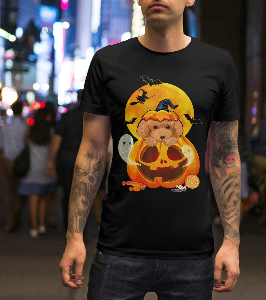 Poodle Witch Pumpkin Ghosts Halloween Candy Moon Bats T-Shirt