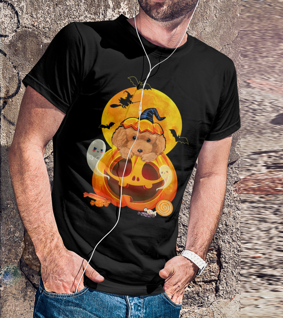 Poodle Witch Pumpkin Ghosts Halloween Candy Moon Bats T-Shirt